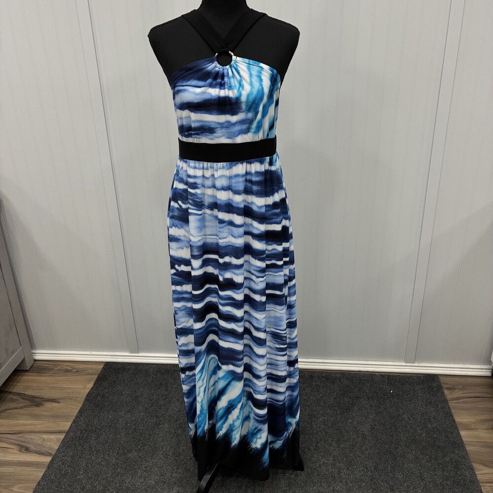 Soho Apparel Halter Maxi Dress Womens Medium M Blue Wave Abstract Geometric Ring
